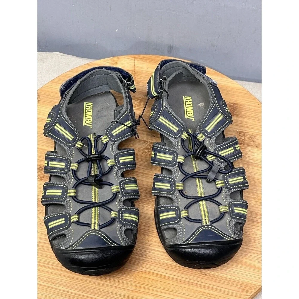 Khombu Dillon Fisherman Sandals Boys 3 Blue Lime Green Bungee 962653 Outdoor